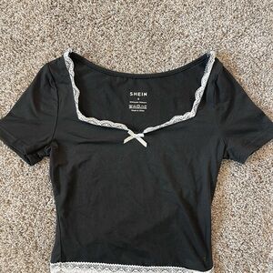 SHEIN Black Top with White Lace Trim